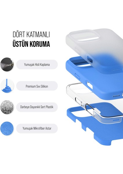 iPhone 16 Pro Kılıf Ince Sıvı Silikon 3 Katmanlı Tam Kaplamalı Yumuşak Jel Kauçuk Kılıf Kapak Mavi