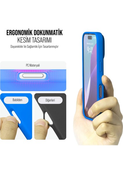 iPhone 16 Kılıf Ince Sıvı Silikon 3 Katmanlı Tam Kaplamalı Yumuşak Jel Kauçuk Kılıf Kapak Mavi