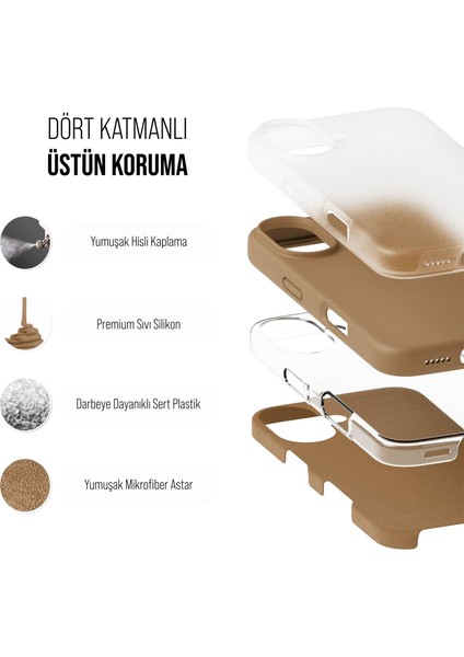 iPhone 16 Plus Kılıf Ince Sıvı Silikon 3 Katmanlı Tam Kaplamalı Yumuşak Jel Kauçuk Kılıf Kapak Gold