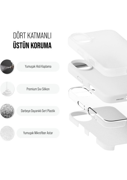 iPhone 16 Plus Kılıf Ince Sıvı Silikon 3 Katmanlı Tam Kaplamalı Yumuşak Jel Kauçuk Kılıf Kapak Gümüş