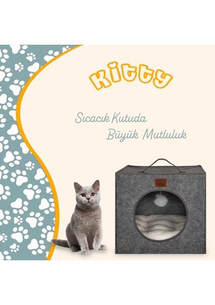 Jungolica Pet Products Kitty, Kutu Şeklinde, Kaydırmaz Tabanlı, Çift Taraflı Çıkarılabilir Minderli, Keçe Kedi Yatağı