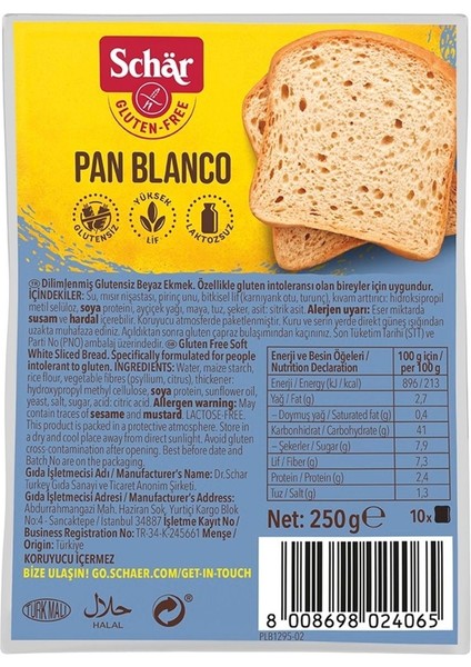 Pan Blanco Glutensiz Beyaz Ekmek 250 gr (8 Adet)