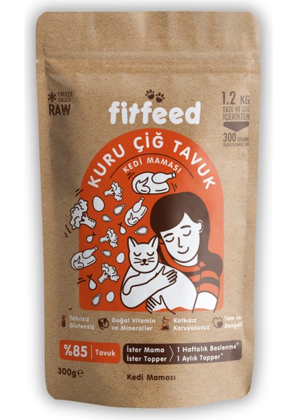 Freeze-Dried Kuru Çiğ Kedi Maması - %85 Tavuk - 300g