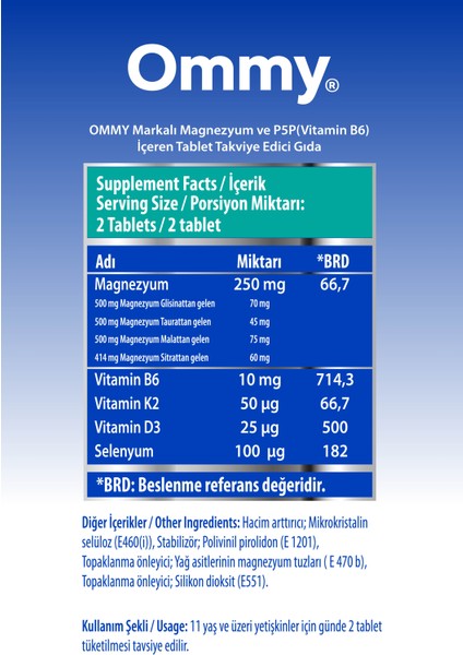 Magnesium 60 Tablet Magnezyum (Malat Glisinat Taurat Sitrat) Vitamin B6 D3 K2 Ve Selenyum fiyatları