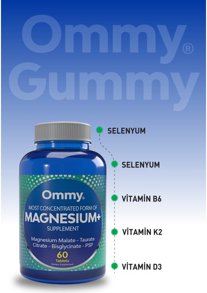 Magnesium 60 Tablet Magnezyum (Malat Glisinat Taurat Sitrat) Vitamin B6 D3 K2 Ve Selenyum modelleri