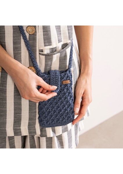 Kot Rengi El Örgüsü Cep Telefonu Çantası-El Örgüsü Denim Çapraz Çanta-El Örgüsü Mini Çanta