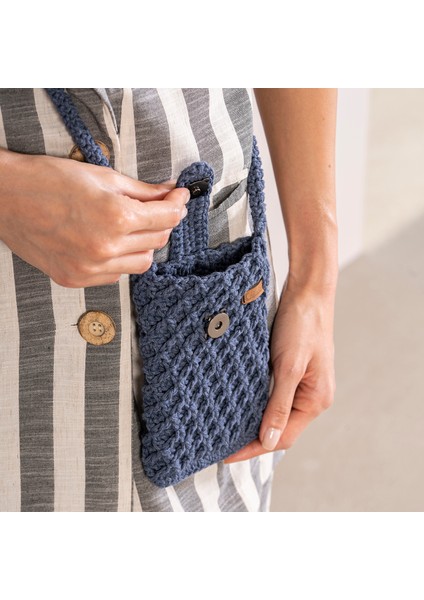 Kot Rengi El Örgüsü Cep Telefonu Çantası-El Örgüsü Denim Çapraz Çanta-El Örgüsü Mini Çanta
