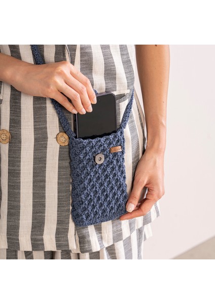 Kot Rengi El Örgüsü Cep Telefonu Çantası-El Örgüsü Denim Çapraz Çanta-El Örgüsü Mini Çanta
