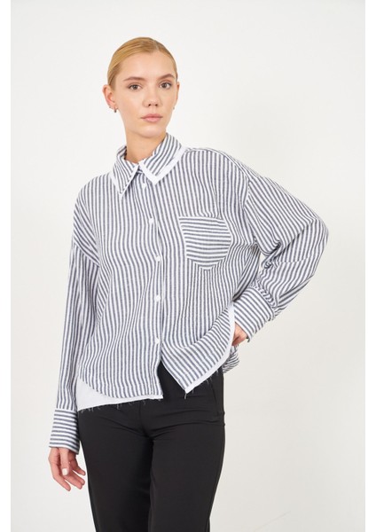 Poplin Garnili Çizgili Keten Gömlek-Lacivert modelleri