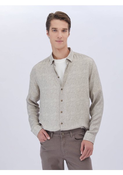 Bej Baskılı Regular Fit Dokuma Casual Gömlek
