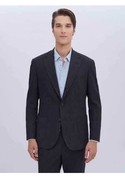 Siyah Düz Modern Fit Pamuk Karışımlı Takım Elbise