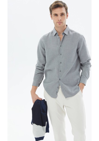 Gri Düz Regular Fit Dokuma Casual Pamuk Karışımlı Gömlek