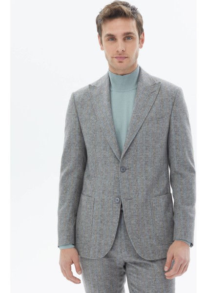 Gri Çizgili Modern Fit Yün Karışımlı Takım Elbise