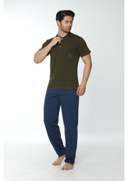 Erkek Ön Cepli Düğmeli Yaka 100% Pamuk Kısa Kollu Pijama Takımı