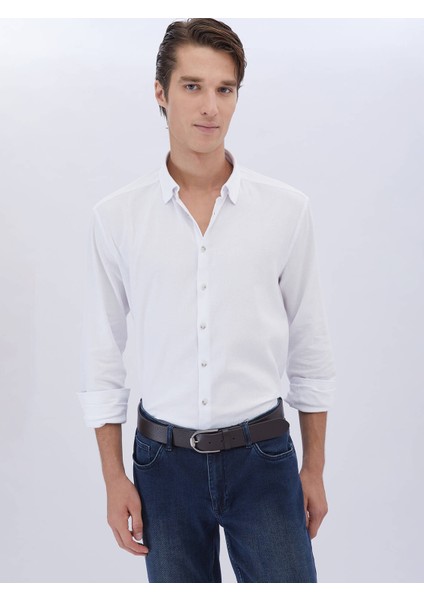 Beyaz Düz Regular Fit Dokuma Casual Pamuk Karışımlı Gömlek