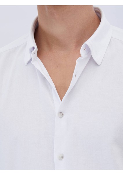 Beyaz Düz Regular Fit Dokuma Casual Pamuk Karışımlı Gömlek