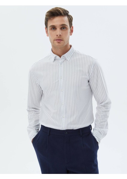 Lacivert Çizgili Regular Fit Casual Pamuk Karışımlı Gömlek