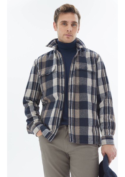 Lacivert Kareli Regular Fit Dokuma Yün Karışımlı Overshırt