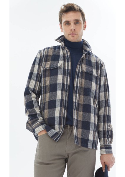 Lacivert Kareli Regular Fit Dokuma Yün Karışımlı Overshırt modelleri