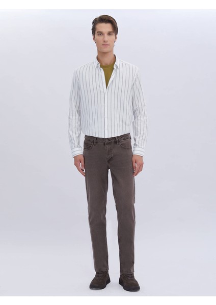 Kahverengi Düz Slim Fit Denim Pamuk Karışımlı Pantolon