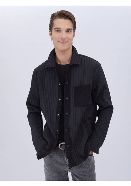 Siyah Düz Regular Fit Dokuma Overshırt