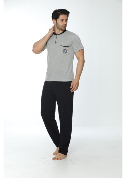 Erkek Ön Cepli Düğmeli Yaka 100% Pamuk Kısa Kollu Pijama Takımı