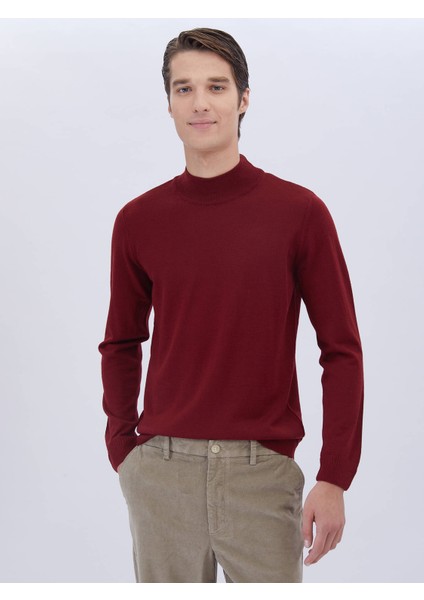 Kırmızı Yarım Balıkçı Yaka Düz Örgü Yün Karışımlı Triko