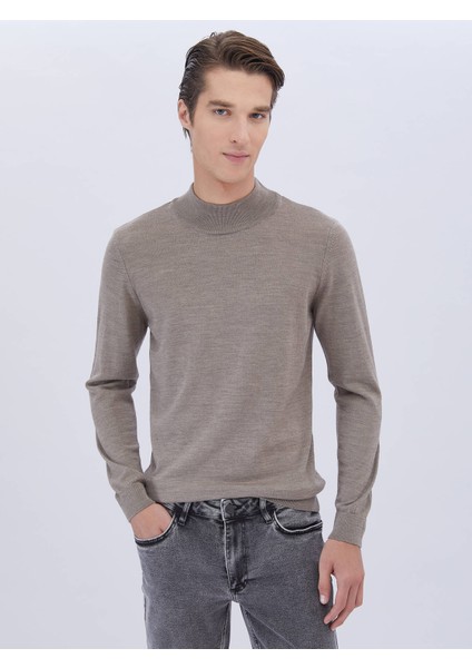 Vizon Yarım Balıkçı Yaka Düz Örgü Yün Karışımlı Triko Kazak