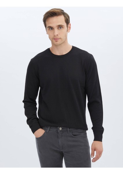 Siyah Bisiklet Yaka Düz Örgü Yün Karışımlı Triko Kazak