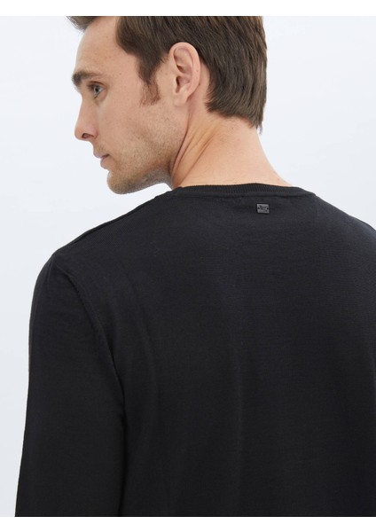 Siyah Bisiklet Yaka Düz Örgü Yün Karışımlı Triko Kazak indirimleri