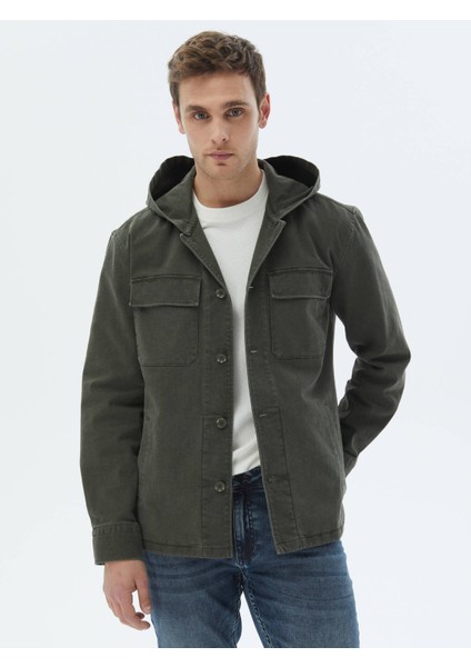 Haki Düz Oversize Fit Dokuma Pamuk Karışımlı Overshırt
