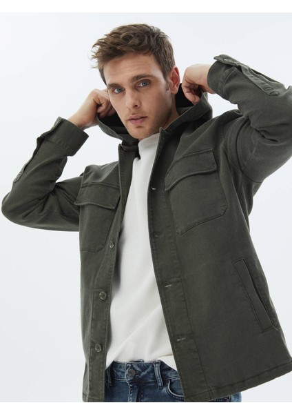 Haki Düz Oversize Fit Dokuma Pamuk Karışımlı Overshırt