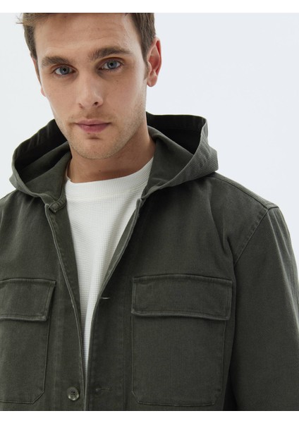 Haki Düz Oversize Fit Dokuma Pamuk Karışımlı Overshırt