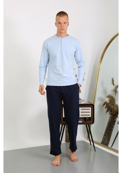 Erkek Penye Uzun Kol Pijama Takımı 6860 Buz Mavisi