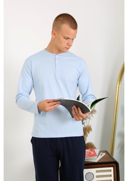 Erkek Penye Uzun Kol Pijama Takımı 6860 Buz Mavisi fiyatları