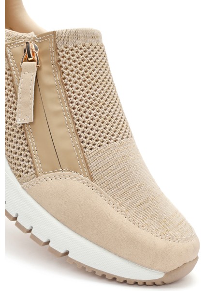 Zero Kadın Bej Fermuarlı Dolgu Topuklu Kumaş Sneaker 24WFD43086F
