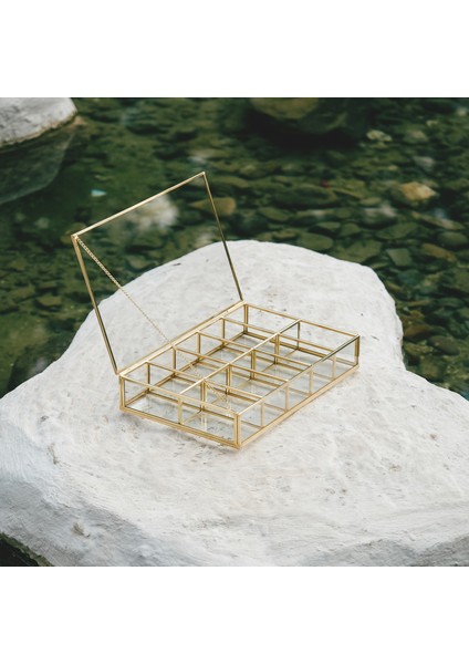 30x20x6cm 10 Bölmeli Organizer Pirinç Cam Gold Takı Aksesuar Saat Kutusu indirimleri