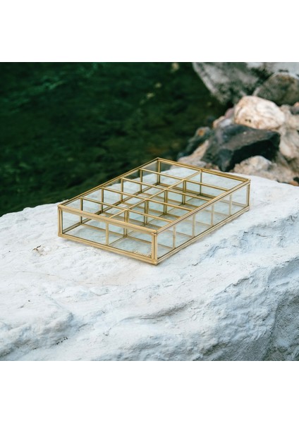30x20x6cm 10 Bölmeli Organizer Pirinç Cam Gold Takı Aksesuar Saat Kutusu