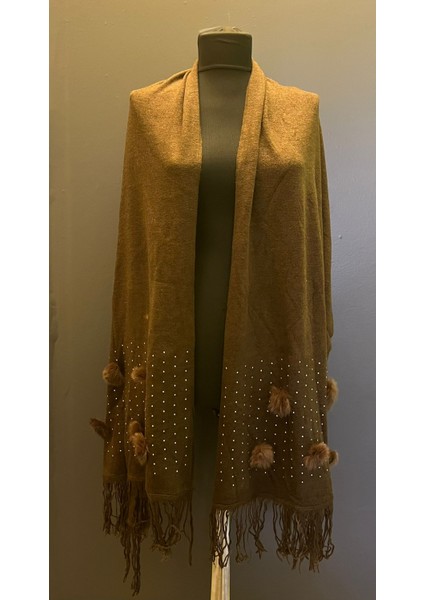 Kahverengi Ponponlu Taşlı Kadın Fular Şal 200X70 cm