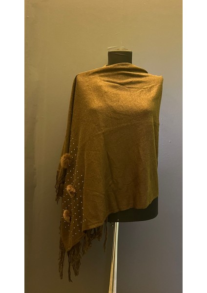 Kahverengi Ponponlu Taşlı Kadın Fular Şal 200X70 cm fırsatları