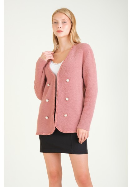 Kadın Biyeli Dekoratif Dümeli Tüylü Hırka Gül