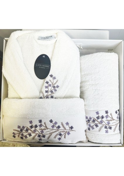 Bornoz Seti Bornoz Takımı 3 Parça Mor Çiçekli