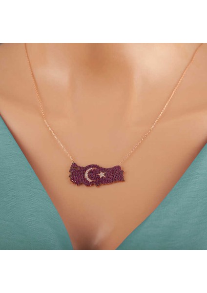 925 Ayar Gümüş Rose Ay Yıldız Türkiye Haritası Kadın Kolye