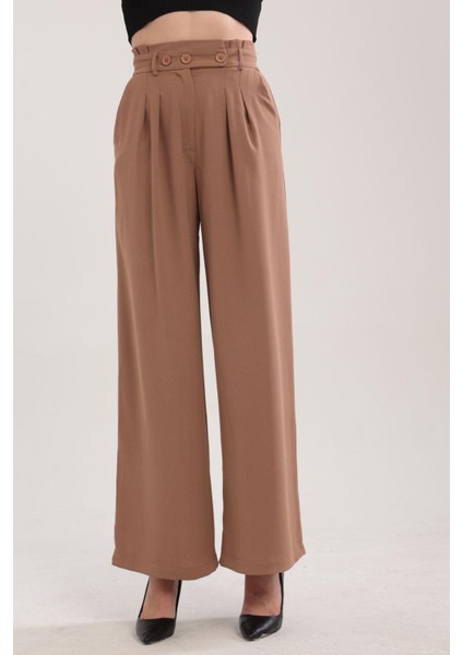 Camel Krep Pileli Palazzo Pantolon