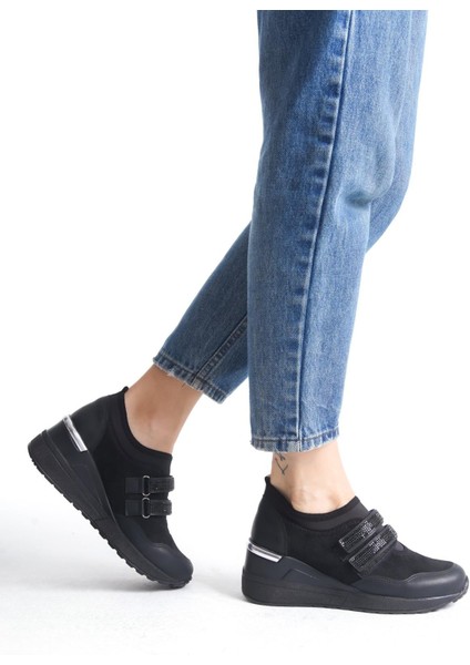 Stonestar Cırt Cırtlı Siyah Taşlı Sneaker Dolgu Topuklu Spor Ayakkabı