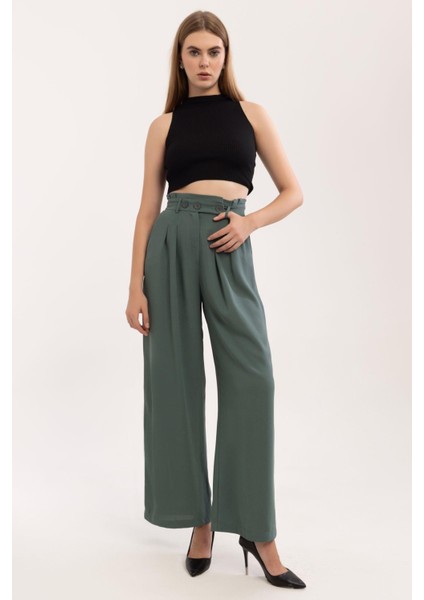 Yeşil (Çağla) Krep Pileli Palazzo Pantalon