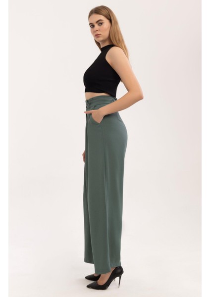 Yeşil (Çağla) Krep Pileli Palazzo Pantalon modelleri