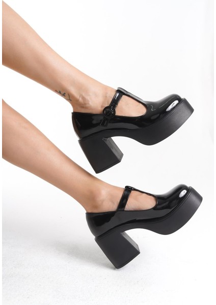 Redjane Siyah Rugan Retro Mary Jane Kemerli Yüksek Platform Topuklu Ayakkabı modelleri