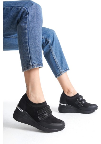 Stonestar Cırt Cırtlı Siyah Taşlı Sneaker Dolgu Topuklu Spor Ayakkabı modelleri