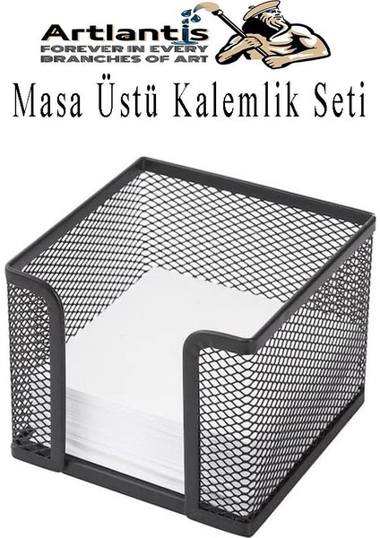 Masa Üstü Siyah Fileli Kalemlik ve 3 Katlı Evrak Rafı 4 Parça 1 Paket 4 Lü Masa Üstü Düzenleyici Kalemlik Küp Notluk Ataşlık